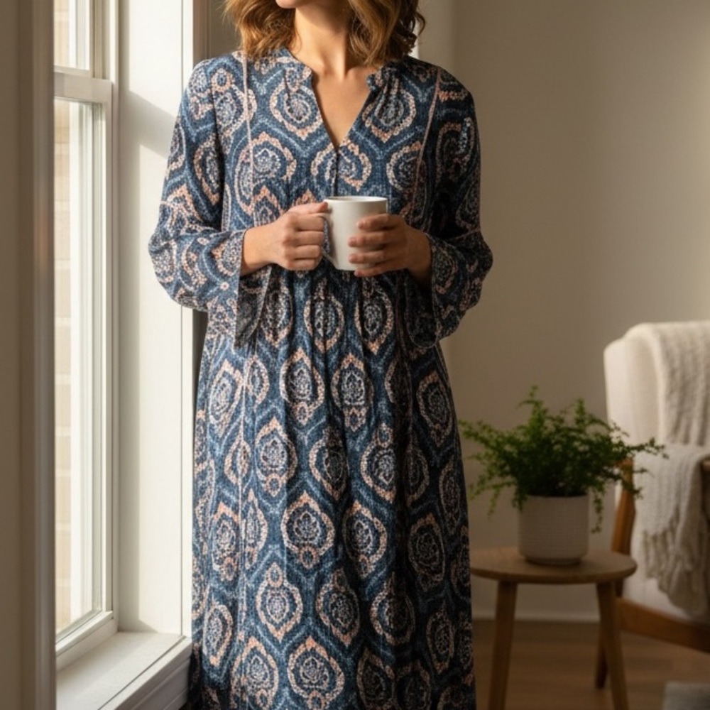 NWT World Market Blue and Pink Abstract Boho Bishop‎ Sleeve Midi V-Neck Dress